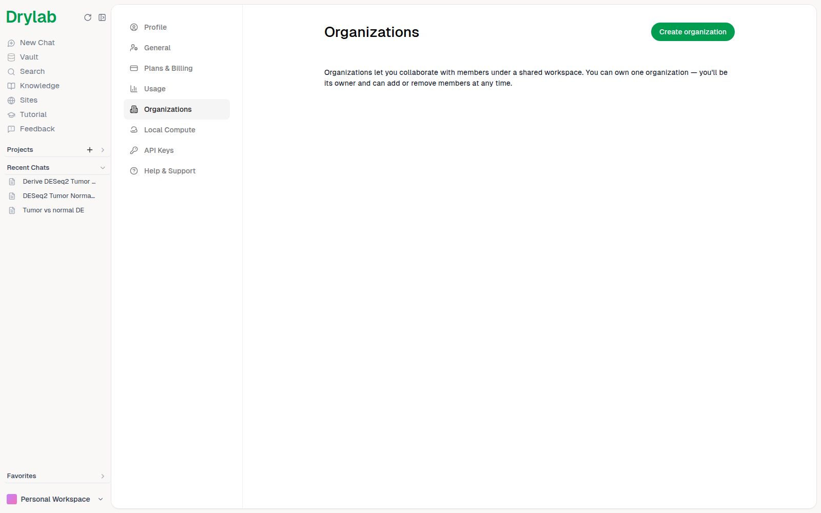 Organizations page before an organization exists