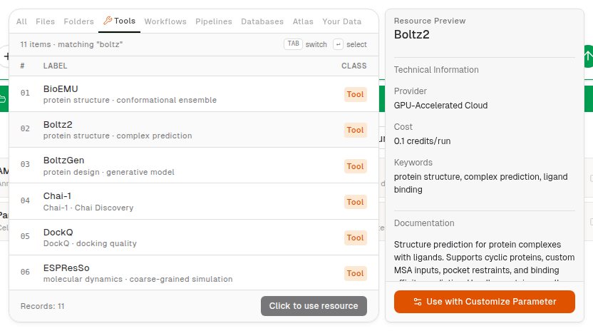 The Tools tab with the Resource Preview for Boltz2