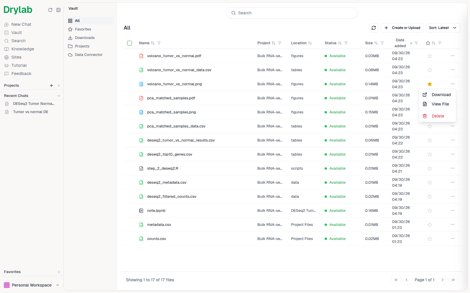 Row menu with Download, View File and Delete
