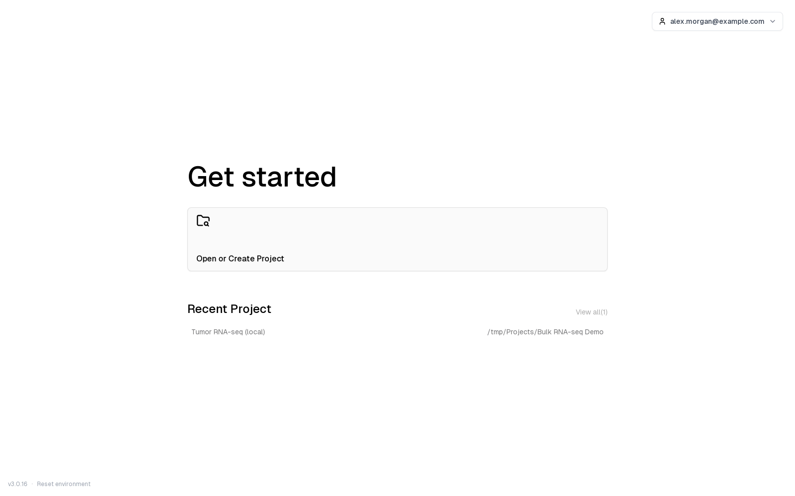 Get started, with Open or Create Project and a recent project