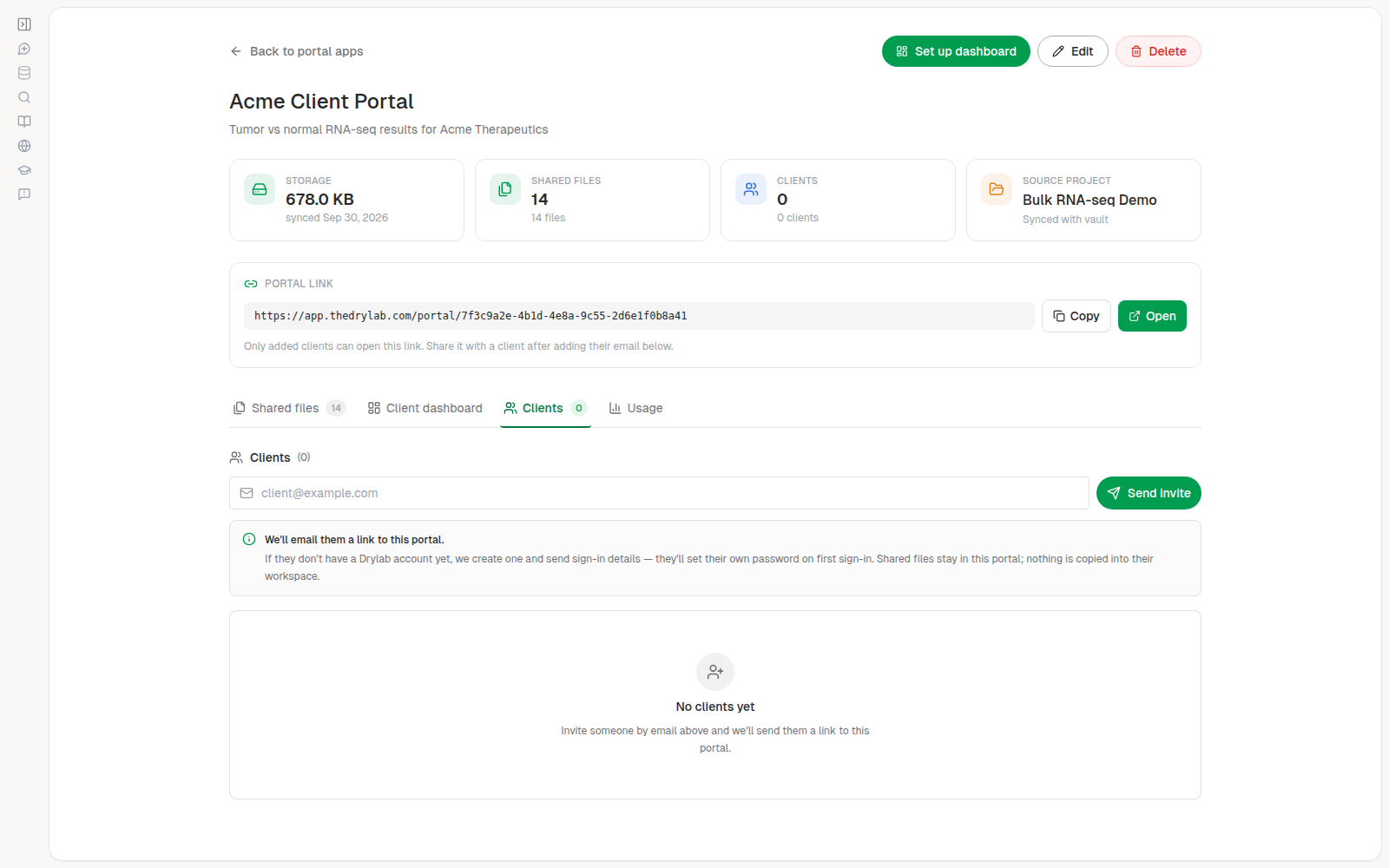 Clients tab before any client is invited