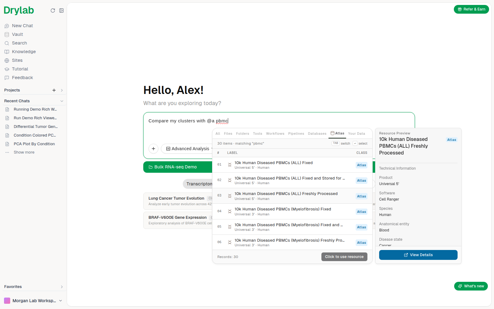 The Atlas tab in the @ picker with a PBMC dataset and its Resource Preview