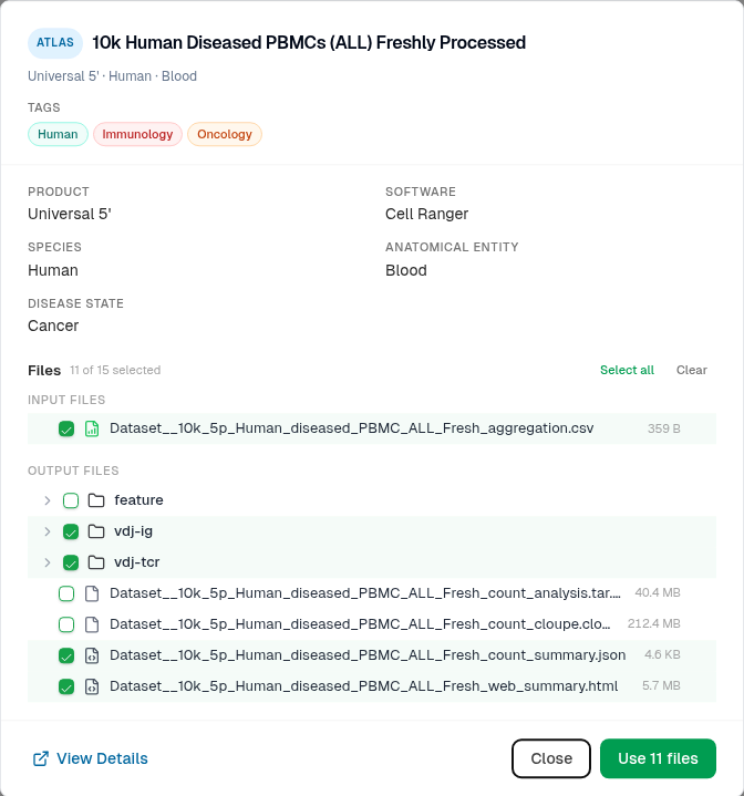 The dataset window: tags and details, then the Files list with 11 of 15 selected and Use 11 files