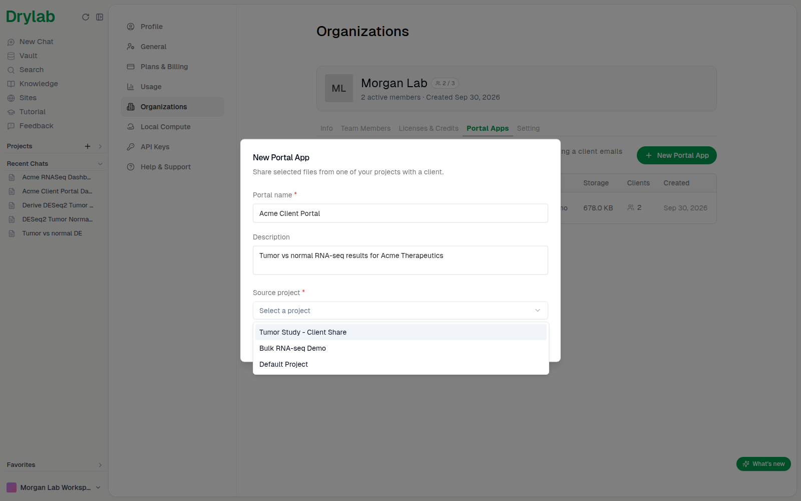 New Portal App dialog with the source project list open