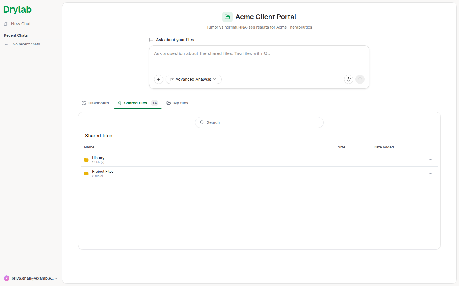 Shared files tab in the client portal