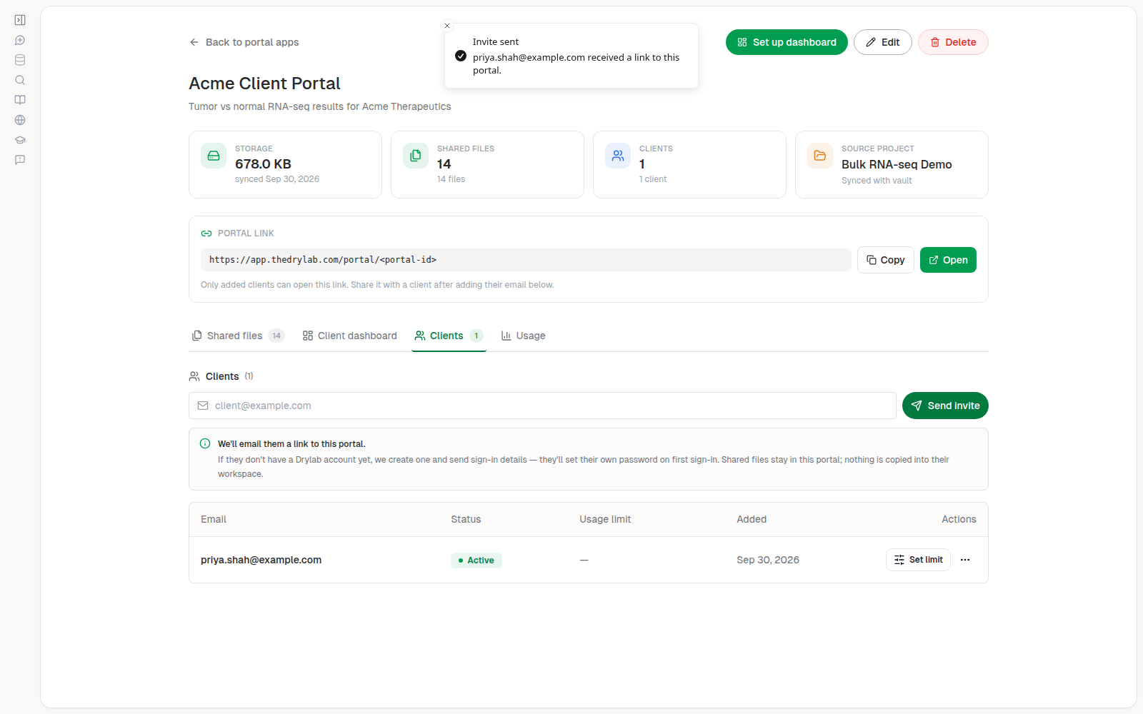 Invite sent to an existing Drylab user