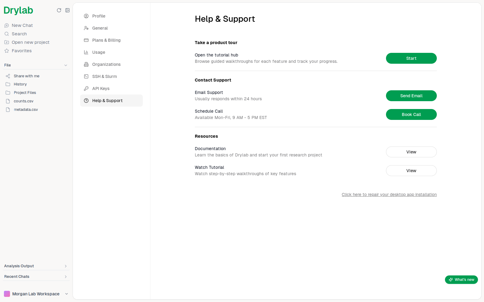 Help & Support in the Desktop App, with the repair link at the bottom