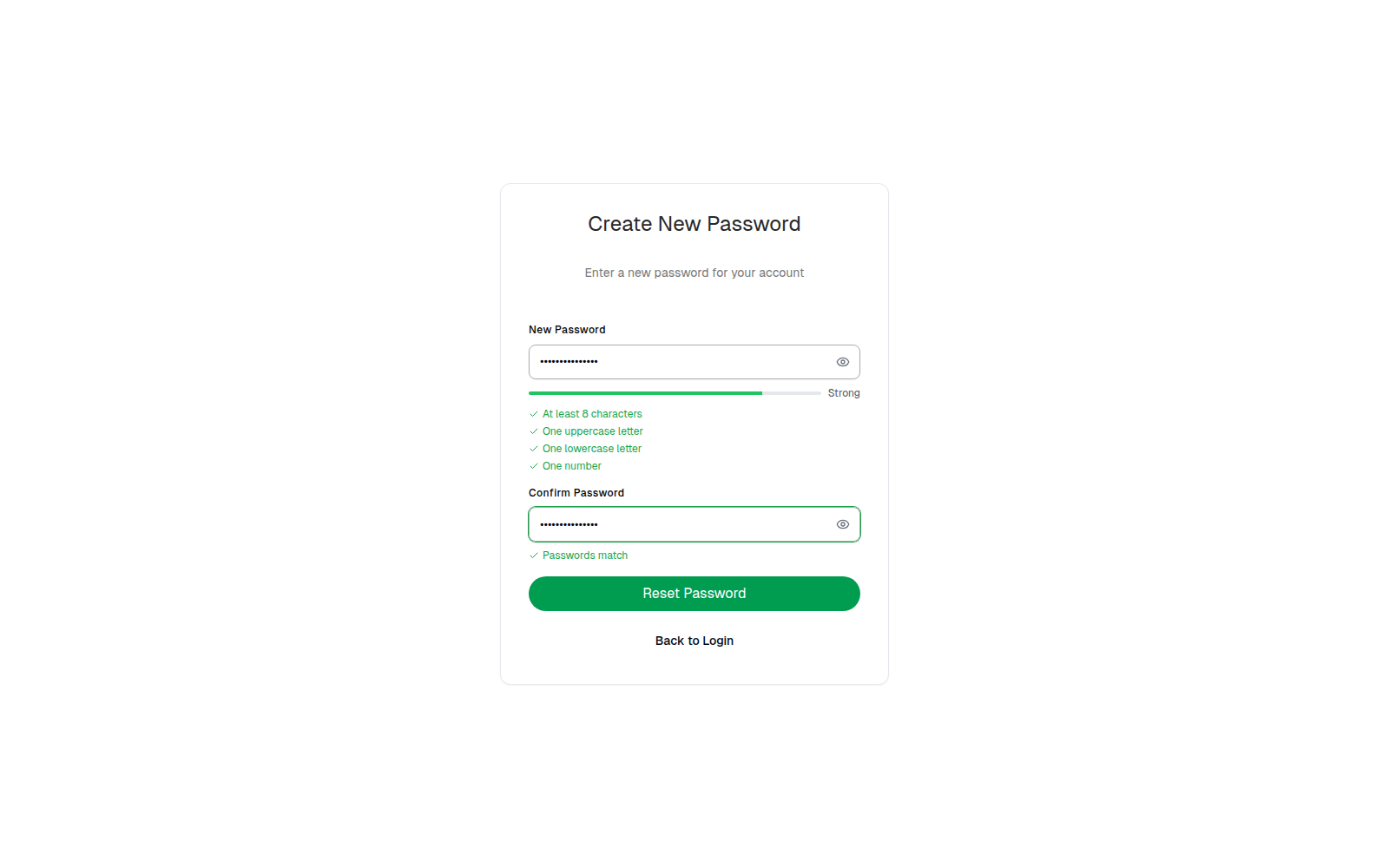 Create New Password form with the password checklist