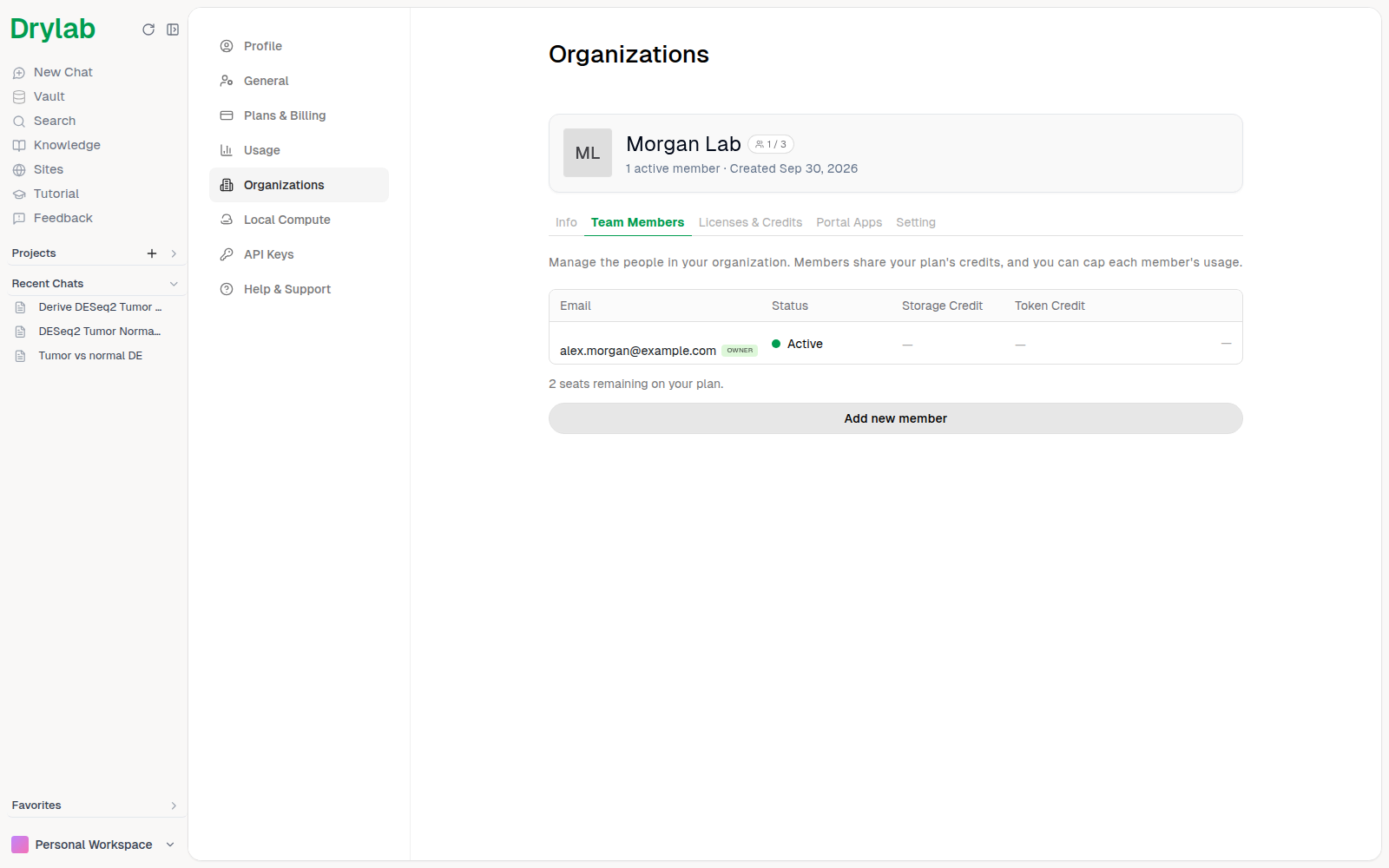 The new organization on the Team Members tab