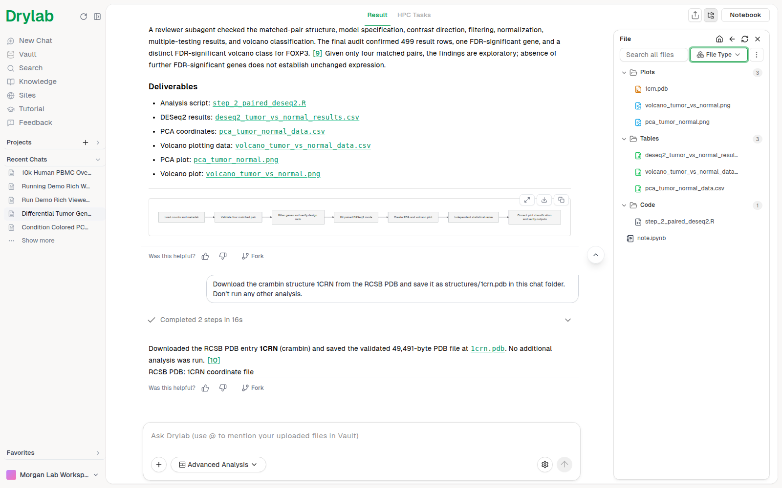 The file list grouped by File Type: Plots, Tables and Code, with the notebook below