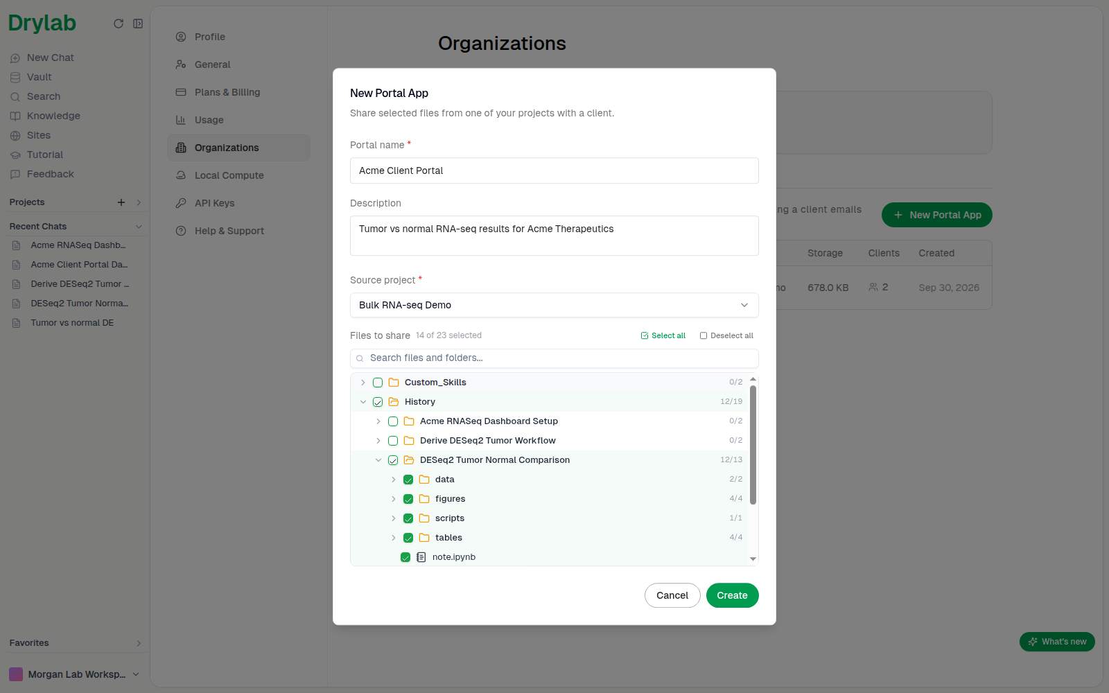 Files to share, with only the result folders selected
