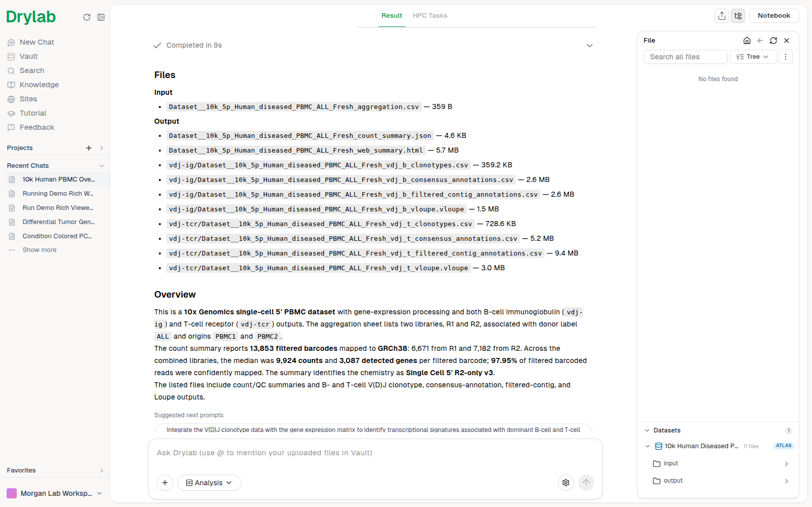The chat's file list with the Datasets section: a PBMC dataset with 11 files, its input and output folders
