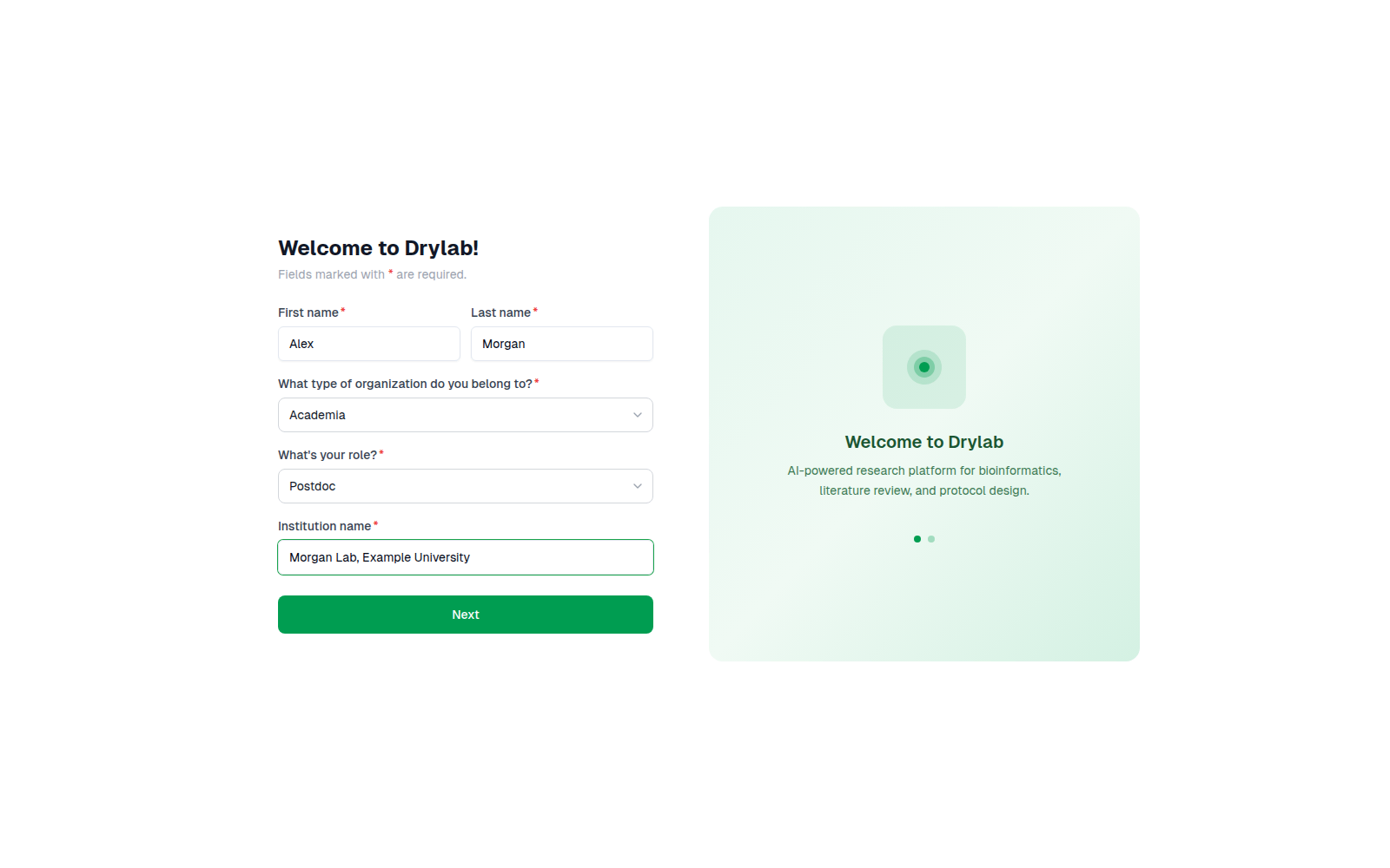 Welcome to Drylab: name, organization type, role and institution
