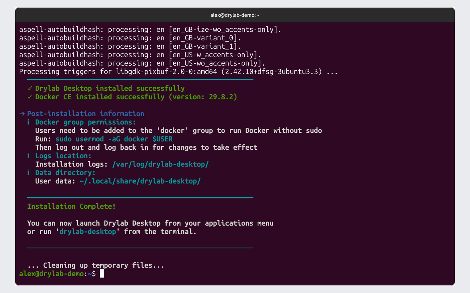 Installation Complete! with the log and data folders