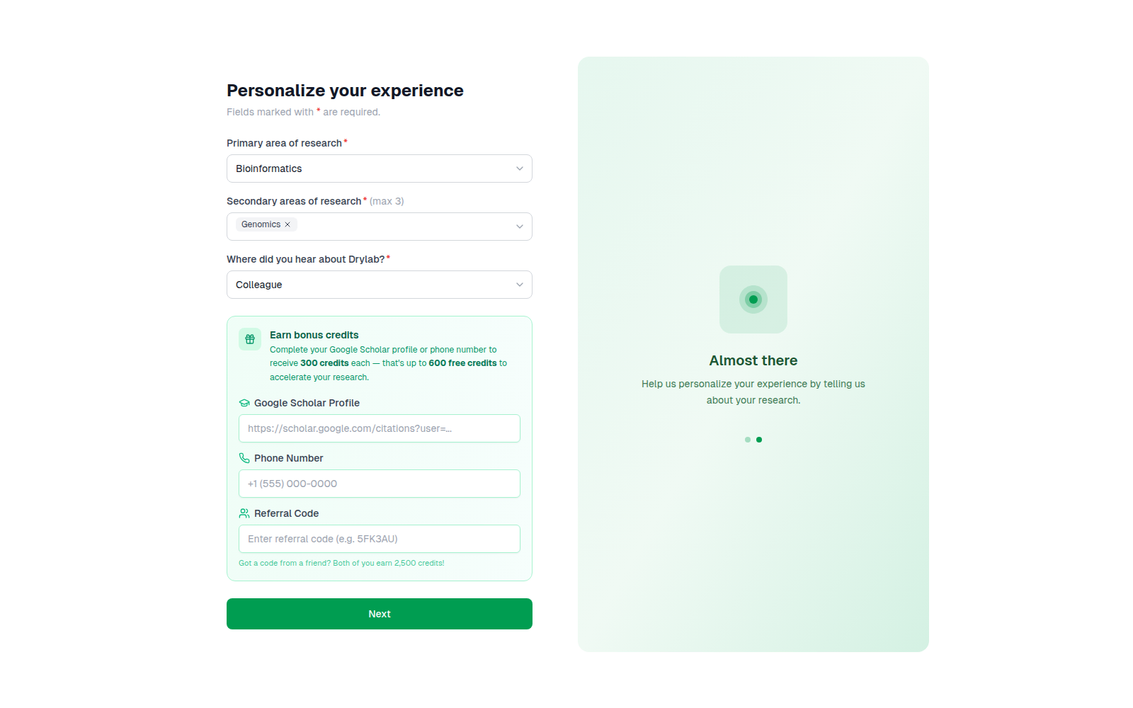 Personalize your experience: research areas and bonus credits