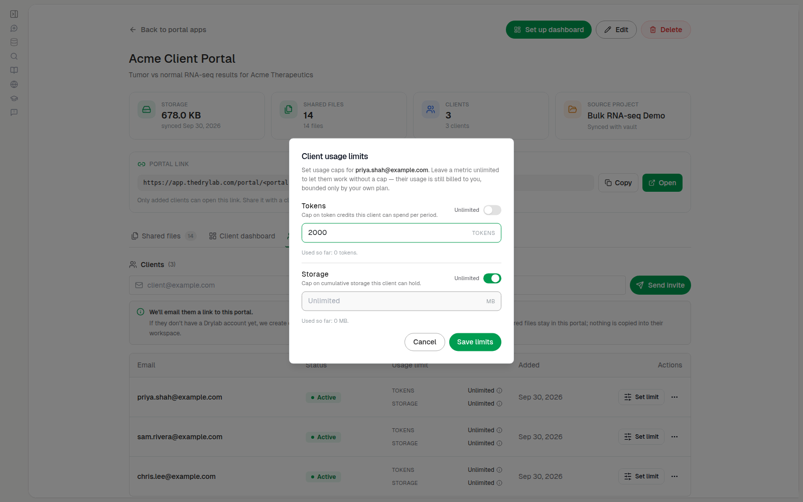 Client usage limits dialog with a 2,000-token cap