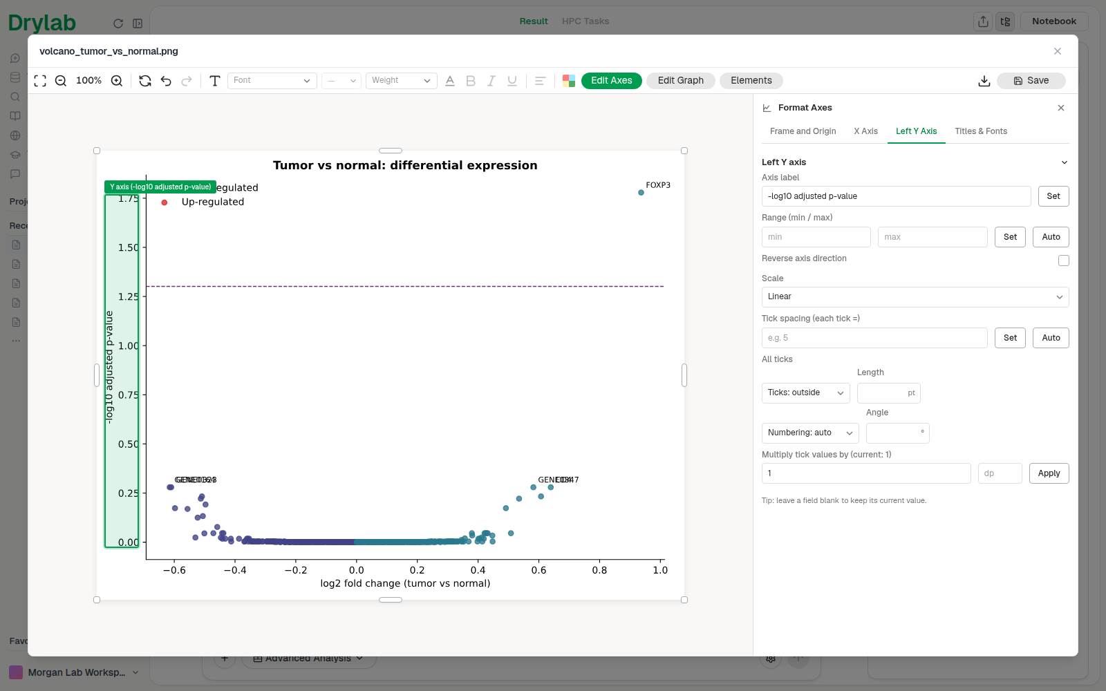 The Left Y Axis tab: axis label, range, scale and tick spacing