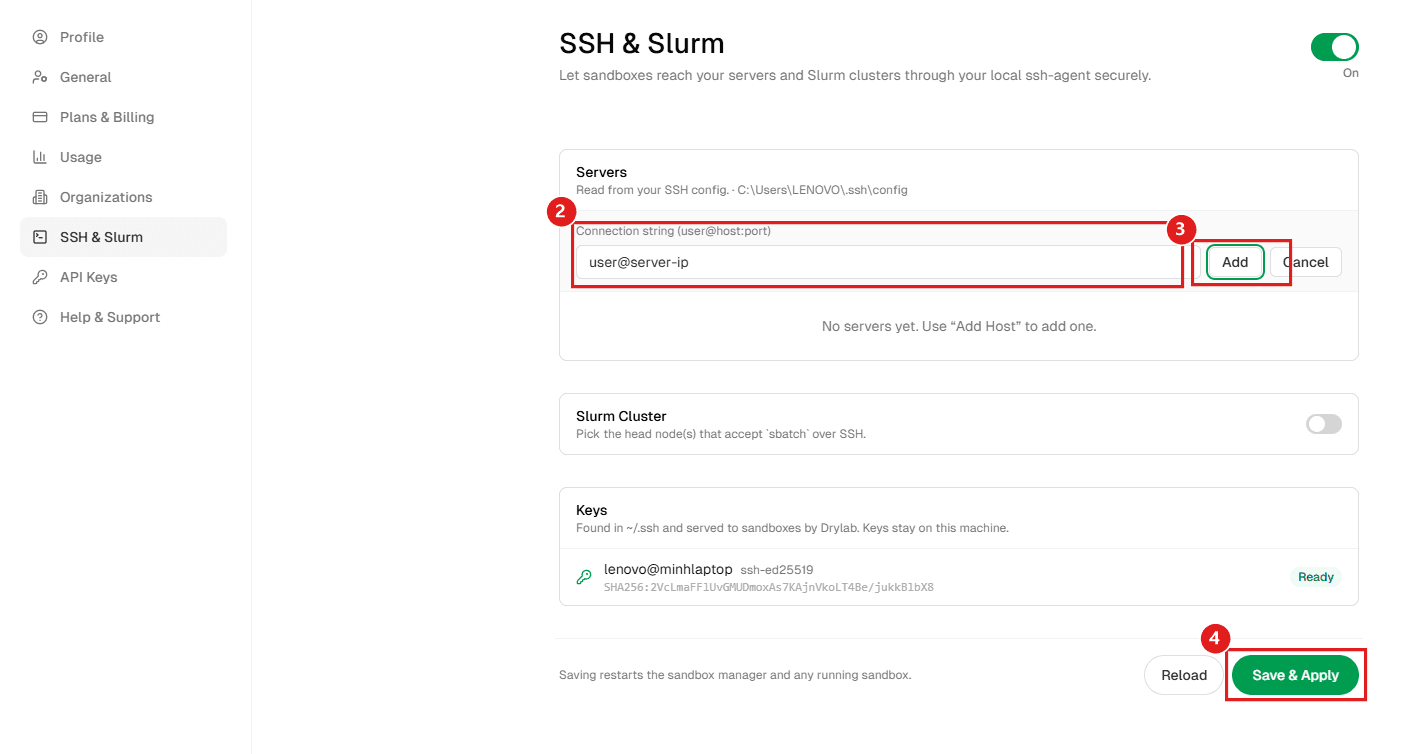 Add a host and check the available SSH key