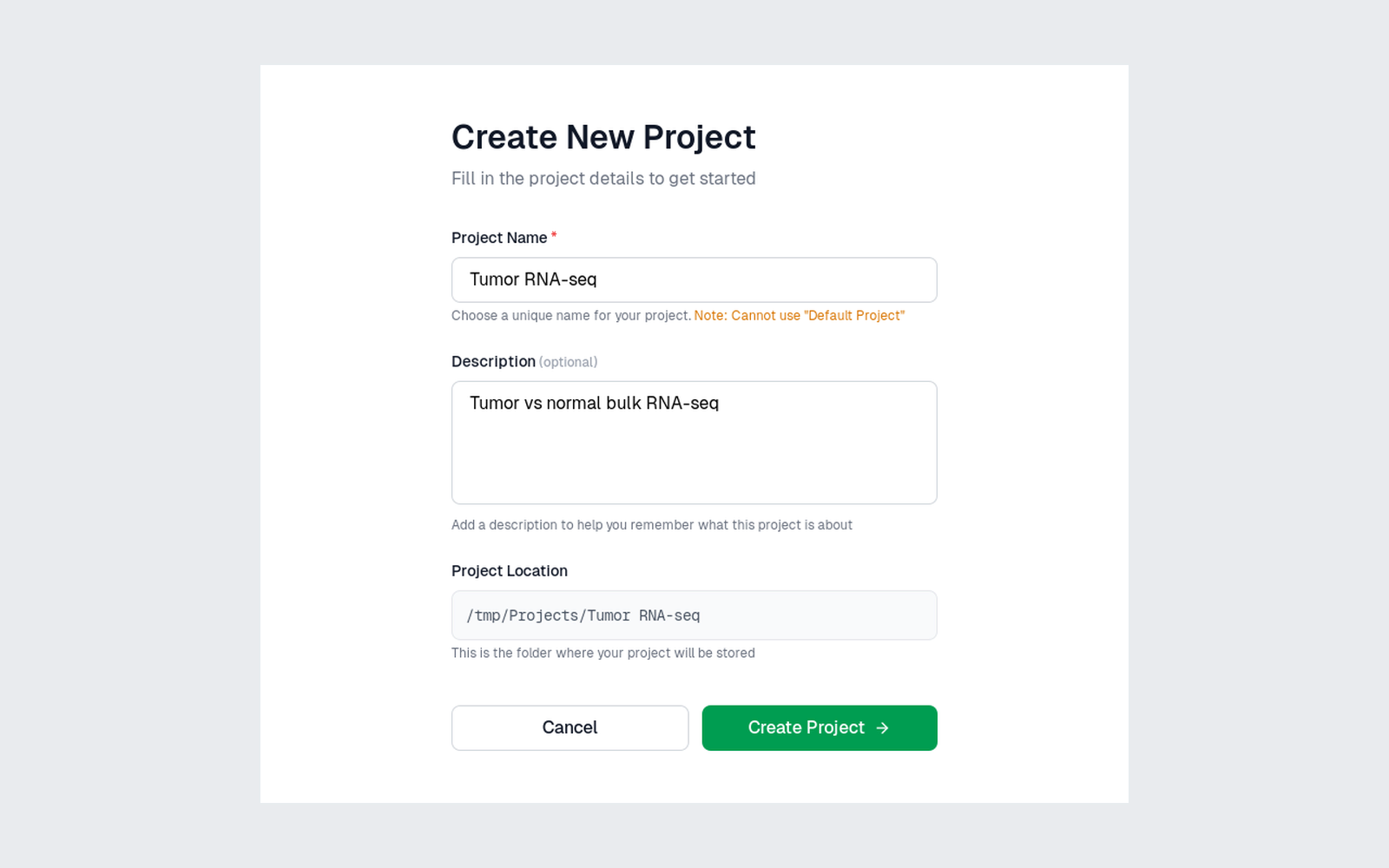 Create New Project with a project name, description and location