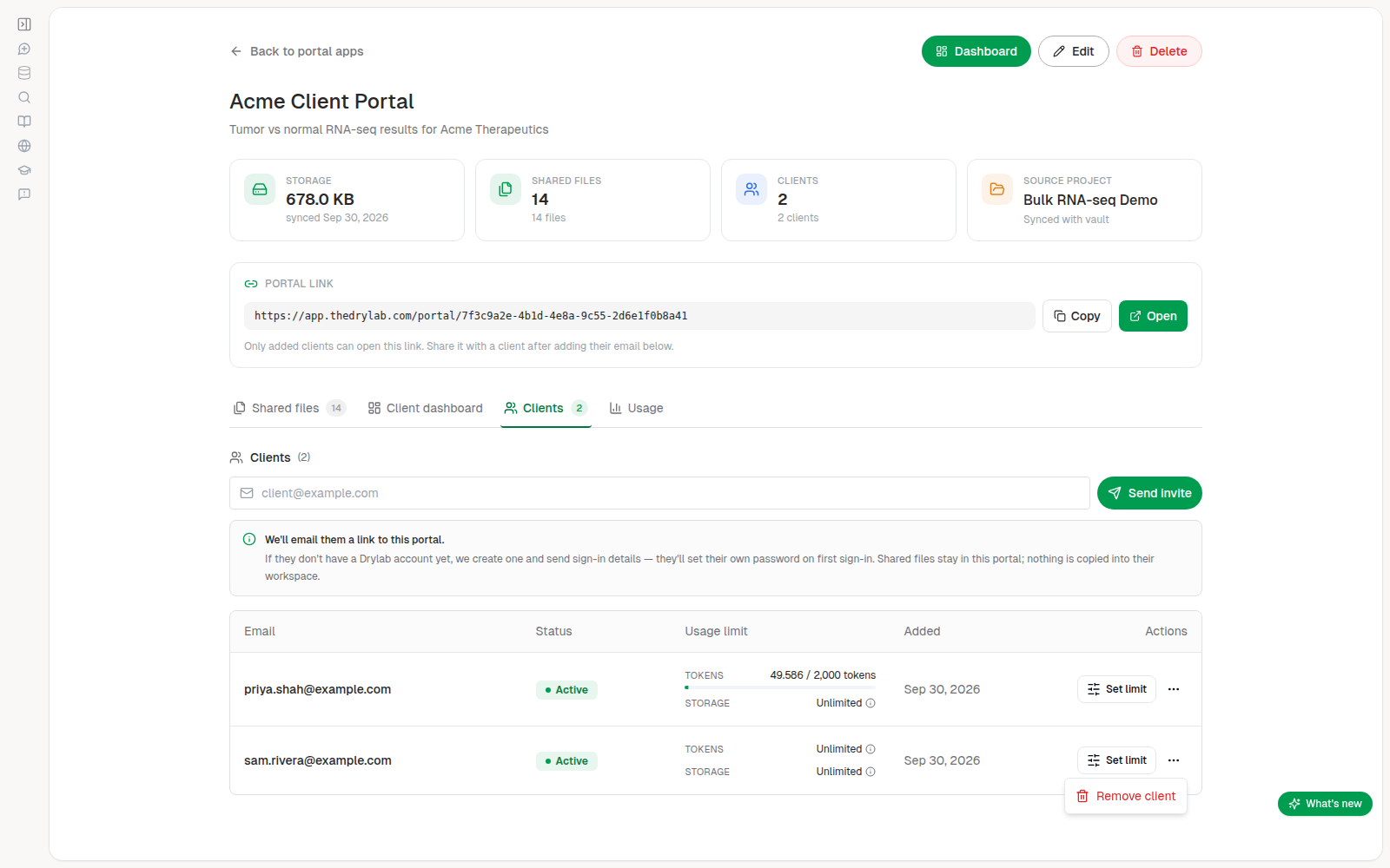 Client row menu with Remove client