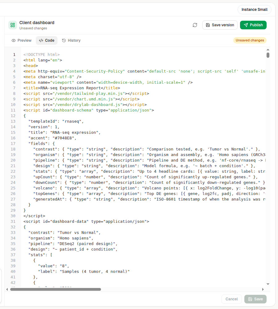 Code tab of the dashboard editor