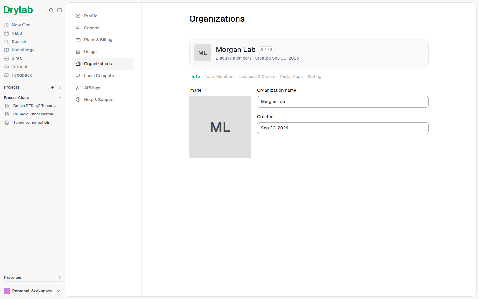 Organization Info tab