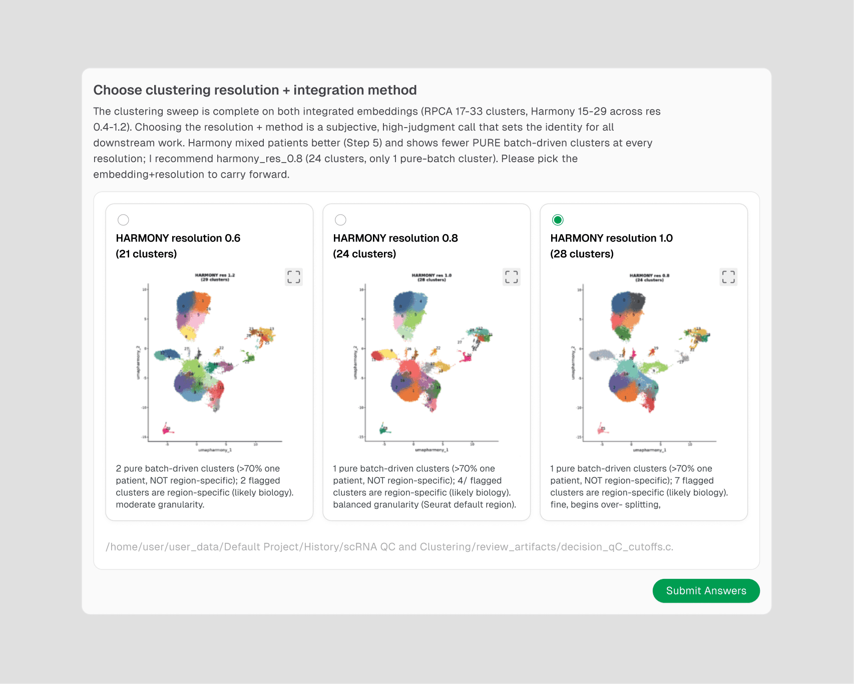 6. Compare RPCA vs. Harmony and pick a resolution visually