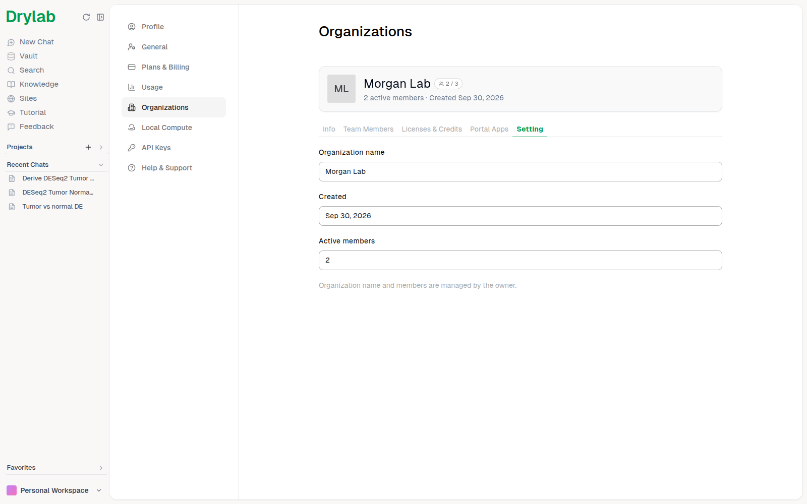 Organization Setting tab