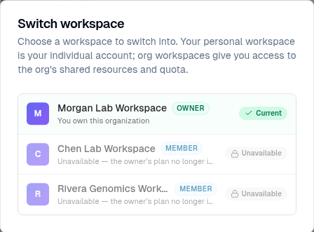Switch workspace: your organization and the ones you're a member of