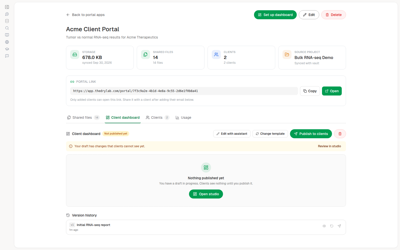 Client dashboard tab with a draft that isn't published yet
