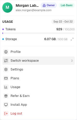 The profile menu with Switch workspace