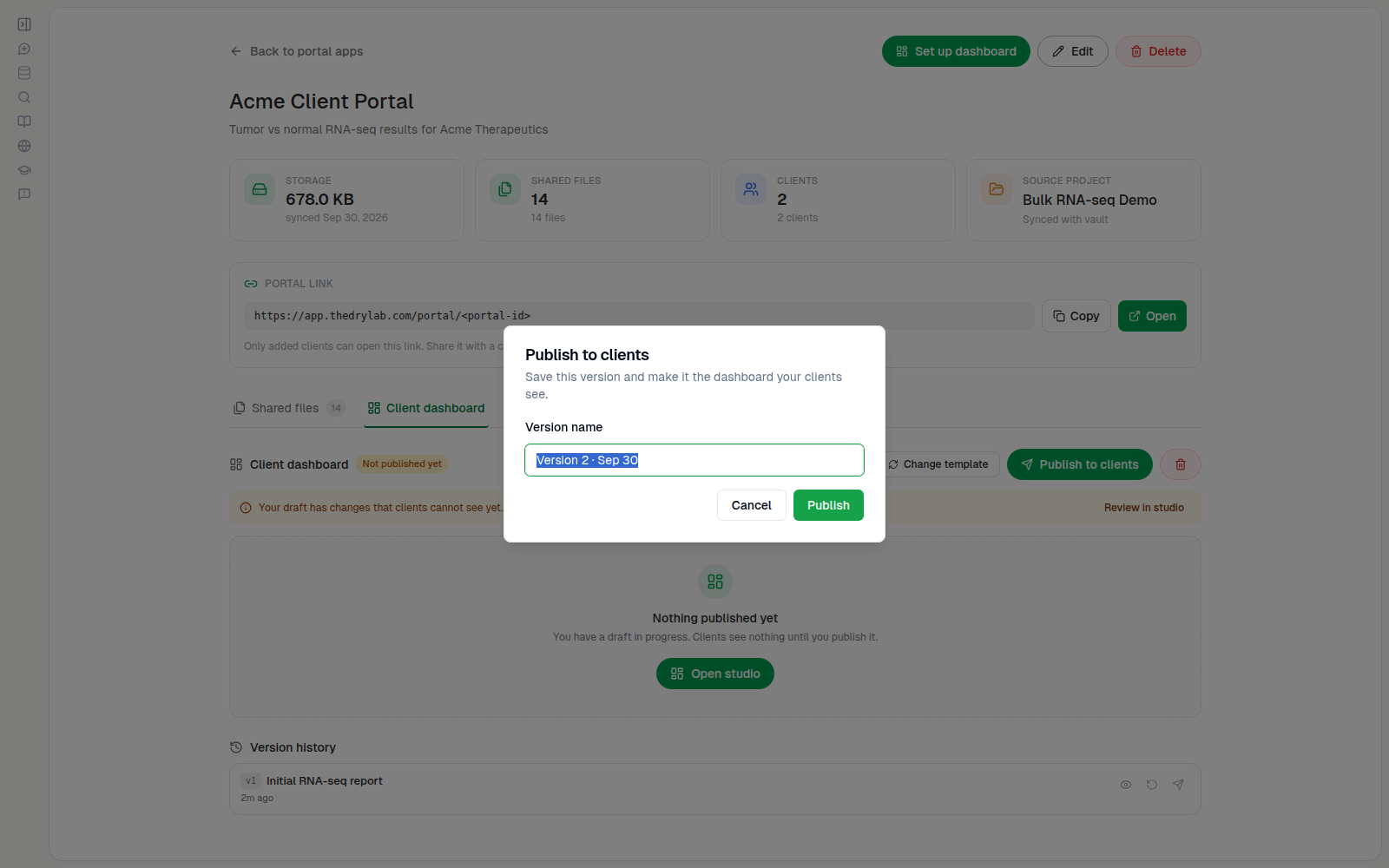 Publish to clients dialog