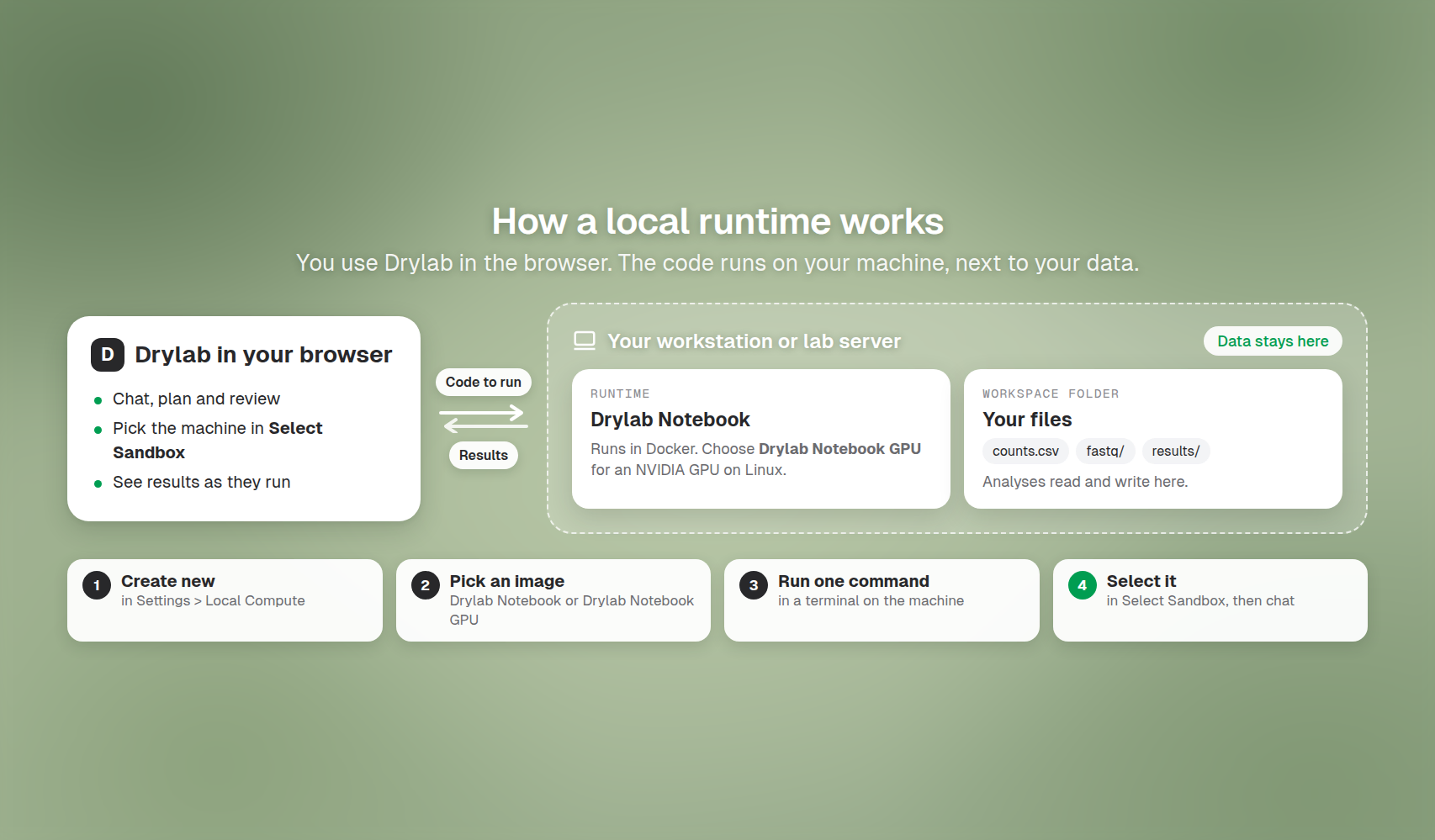 How a local runtime works: Drylab in your browser, the code and your files on your machine